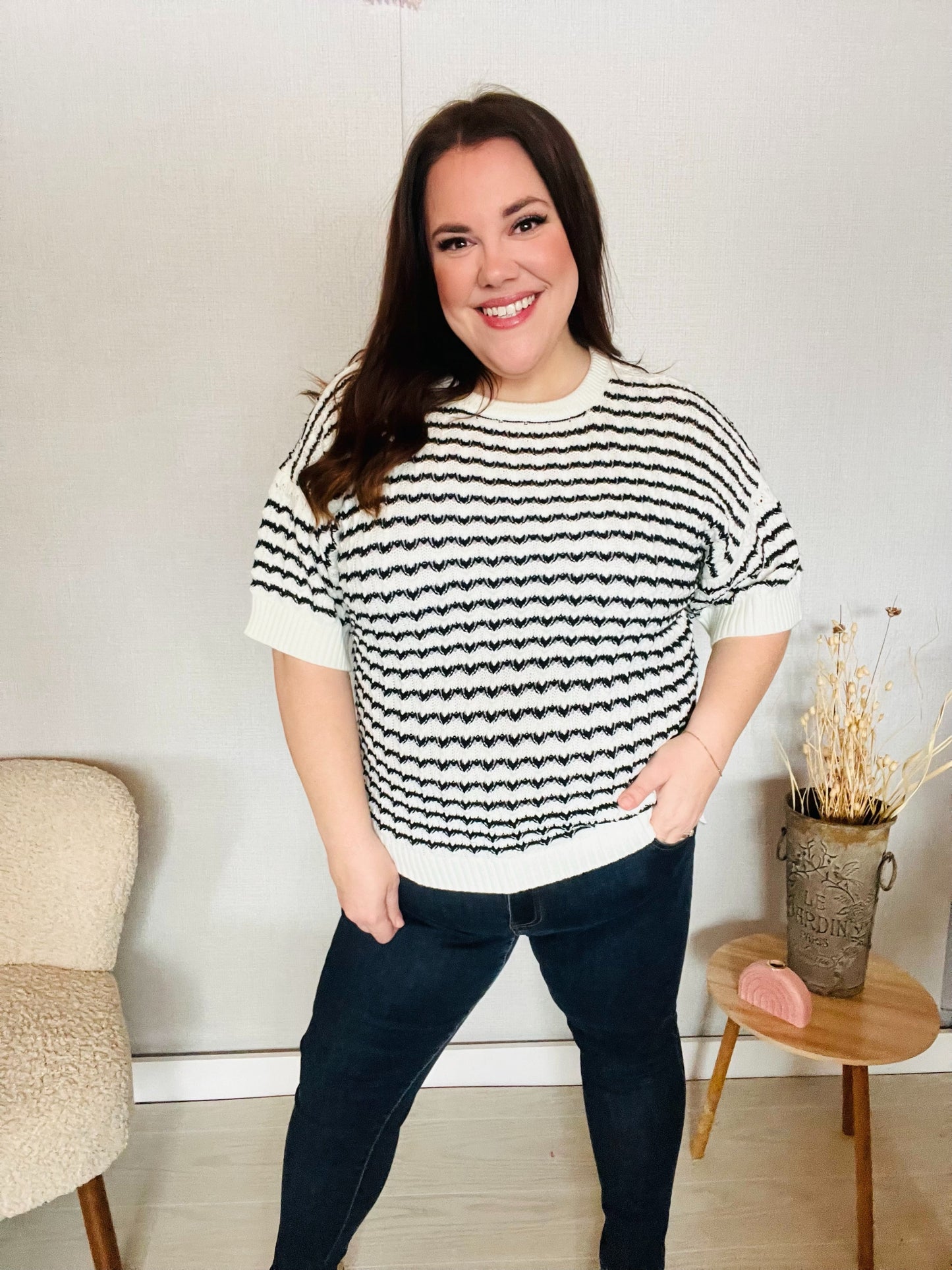 You've Got This Ivory & Black Wavy Stripe Pattern Sweater Top