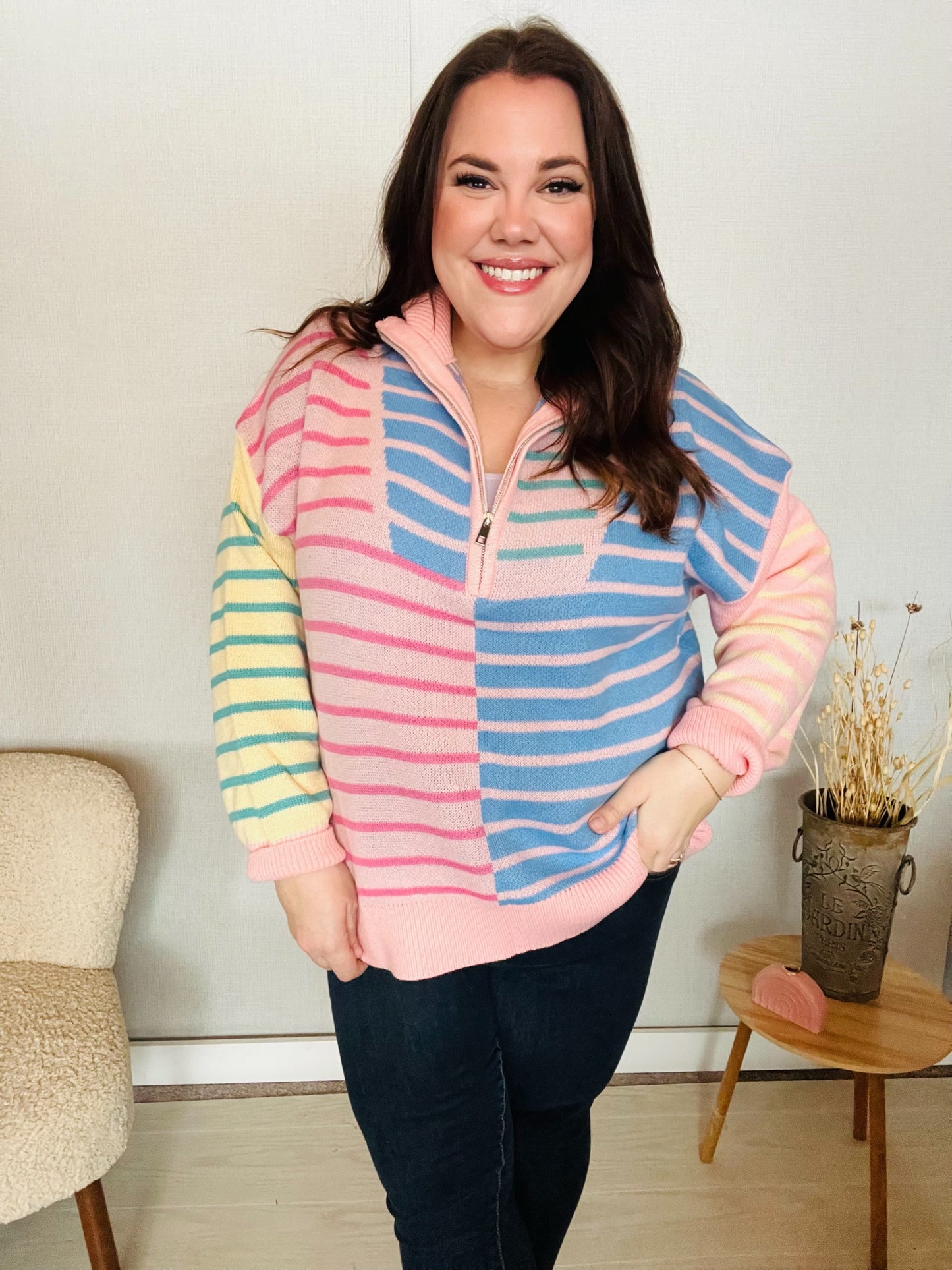 Perfectly Poised Blush & Blue Stripe Half Zip Up Oversized Sweater