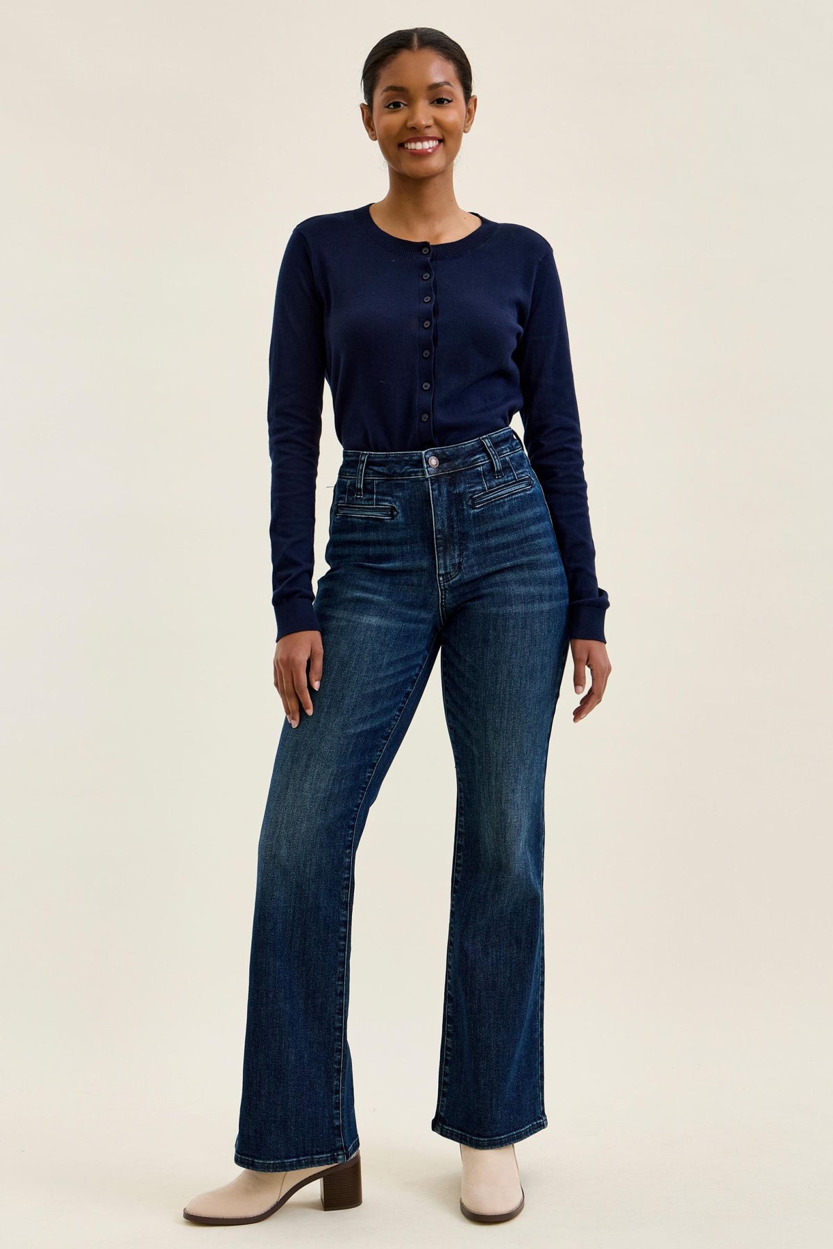 Emmy High Waist Tummy Control Boy Bootcut Jean with Welt Pockets
