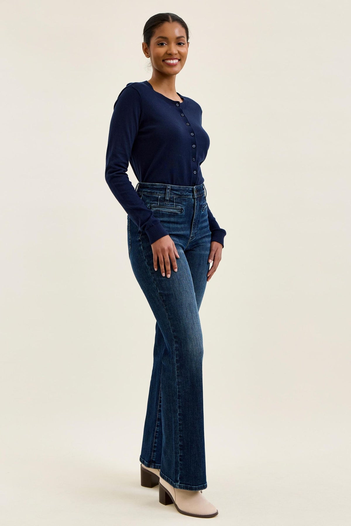 Emmy High Waist Tummy Control Boy Bootcut Jean with Welt Pockets