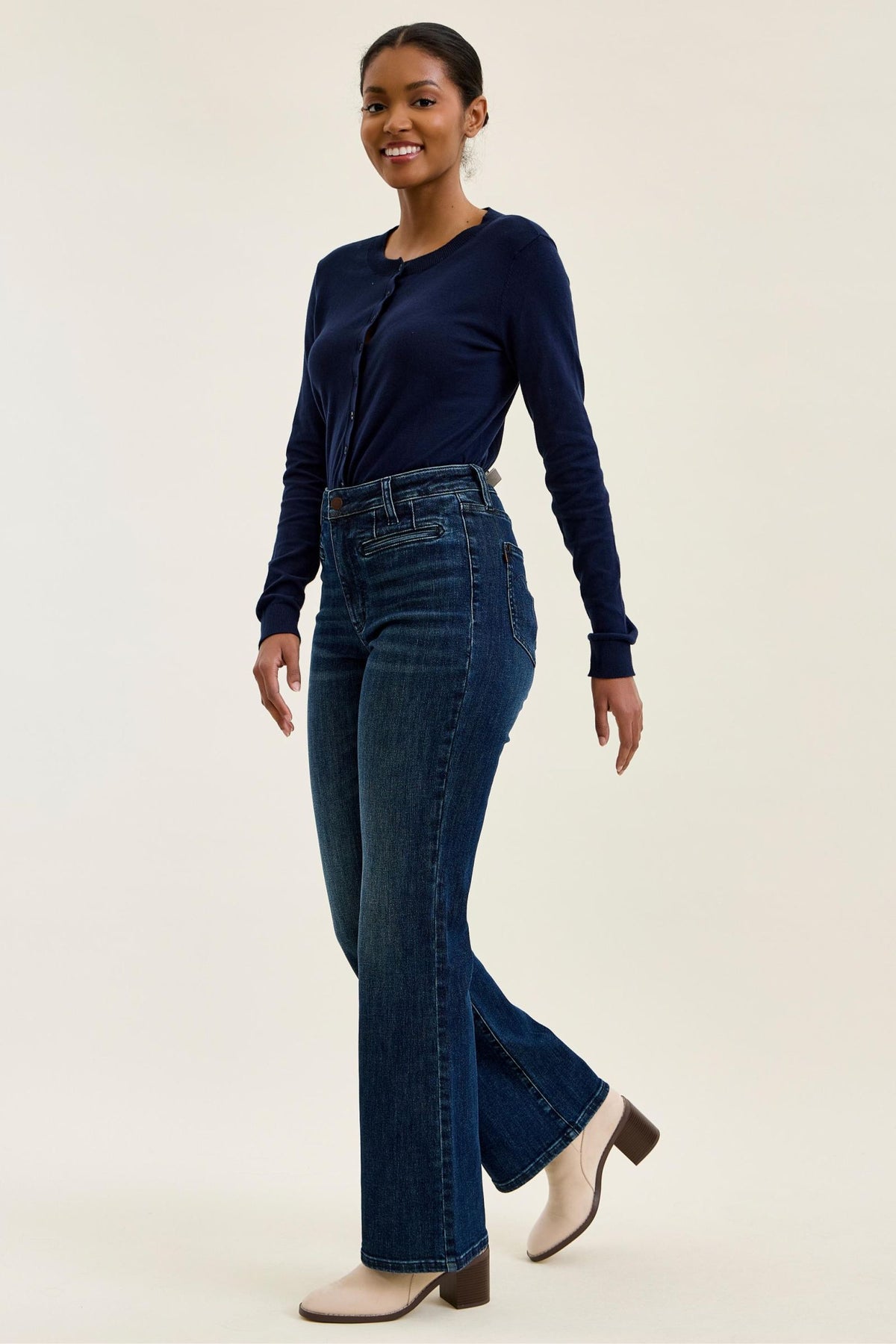 Emmy High Waist Tummy Control Boy Bootcut Jean with Welt Pockets