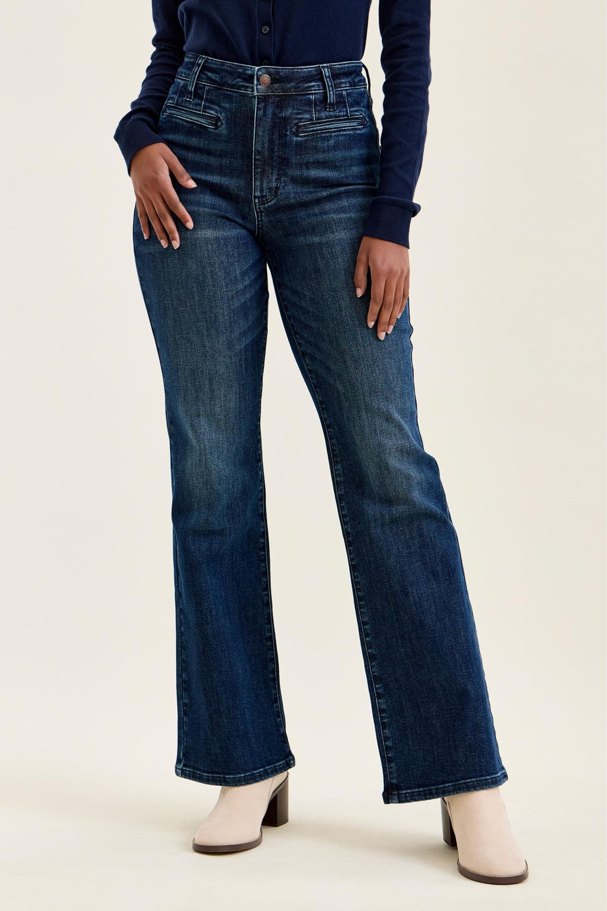 Emmy High Waist Tummy Control Boy Bootcut Jean with Welt Pockets
