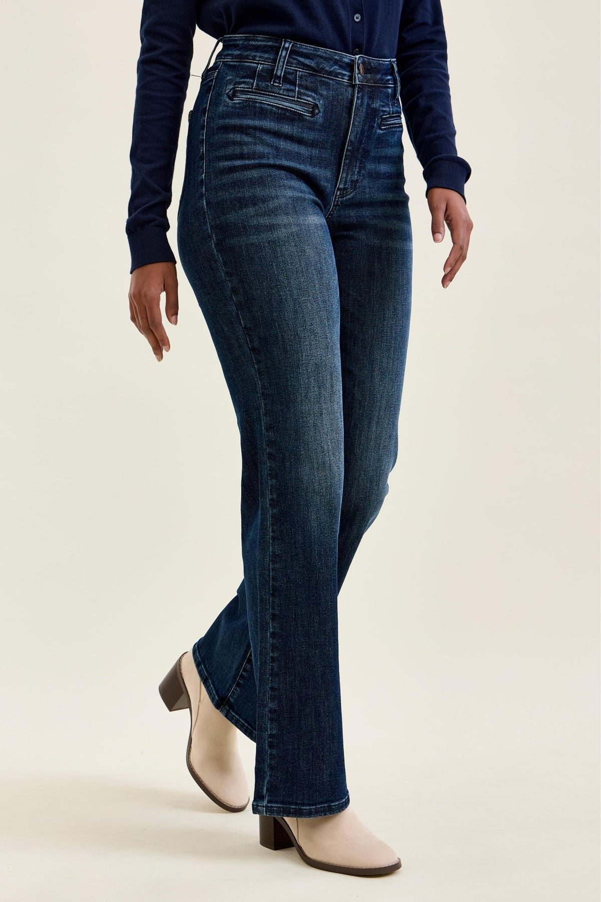Emmy High Waist Tummy Control Boy Bootcut Jean with Welt Pockets