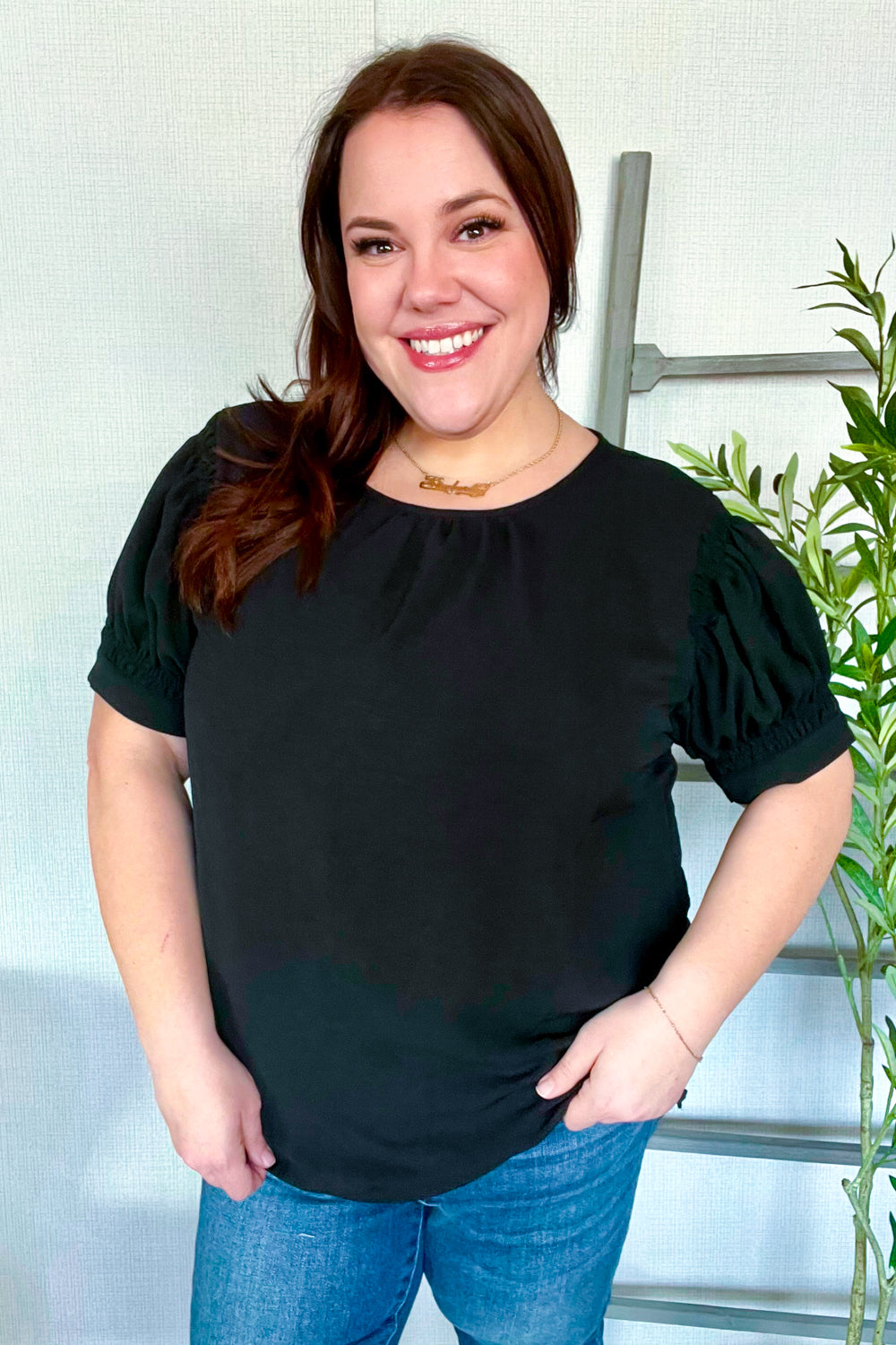 Perfectly You Solid Black Shirred Cap Short Sleeve Blouse