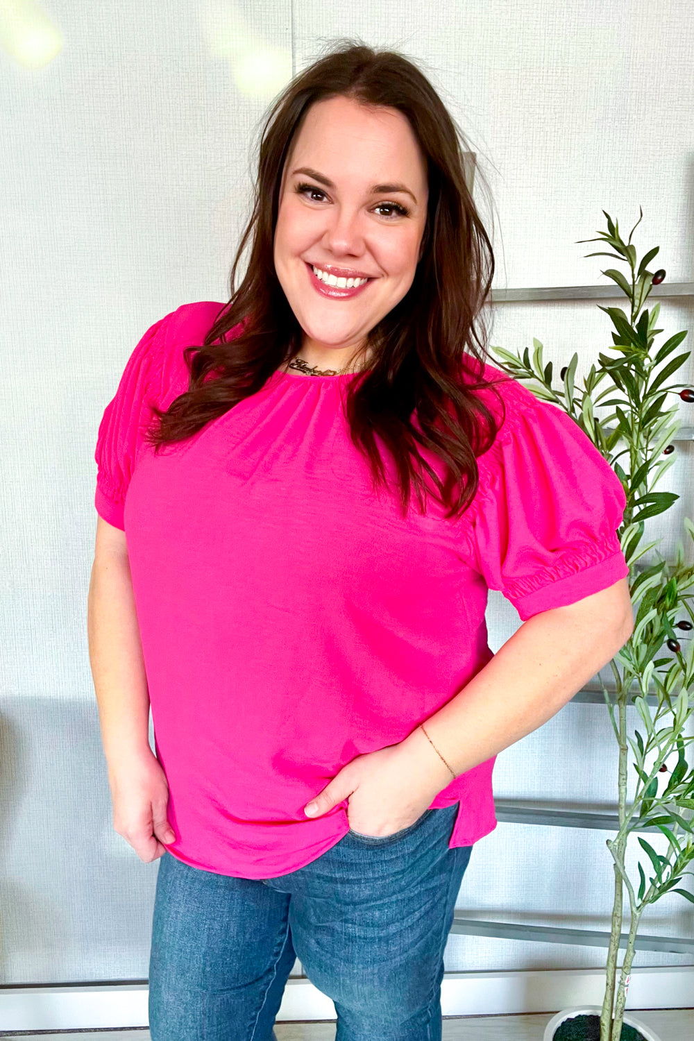 Perfectly You Solid Fuchsia Shirred Cap Short Sleeve Blouse