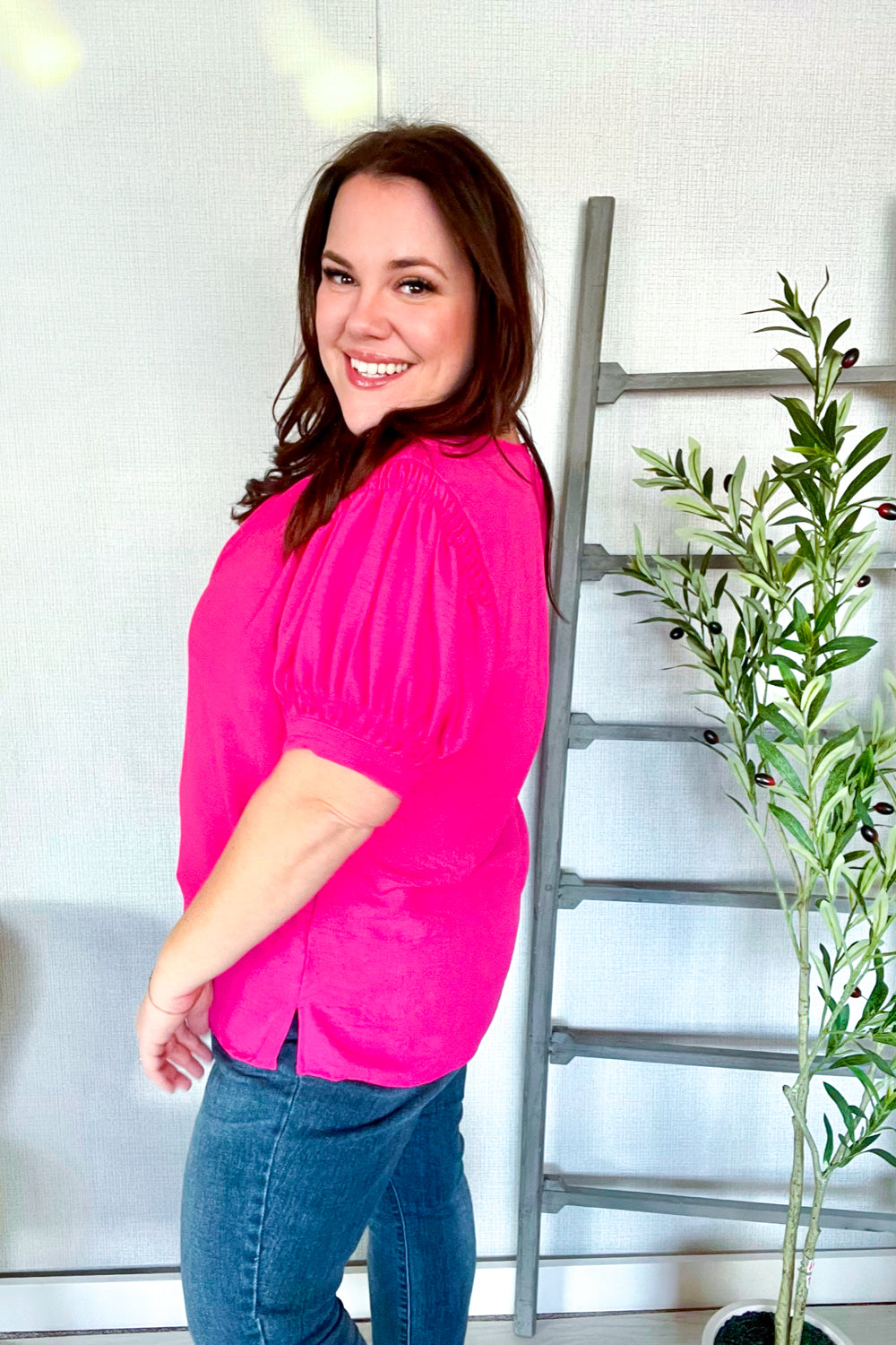 Perfectly You Solid Fuchsia Shirred Cap Short Sleeve Blouse