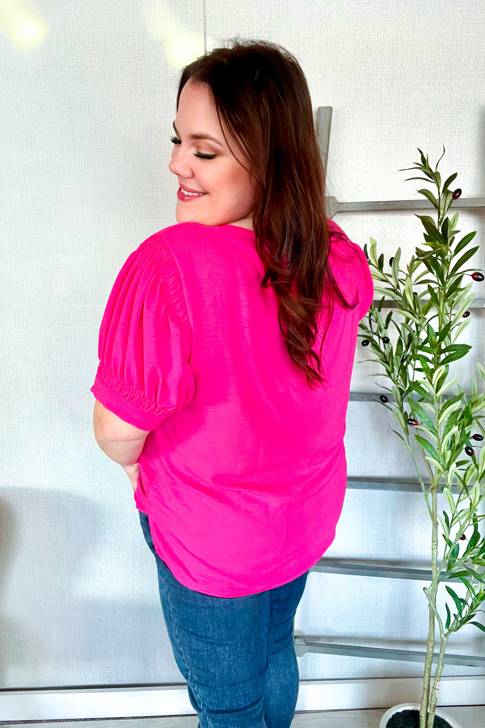 Perfectly You Solid Fuchsia Shirred Cap Short Sleeve Blouse