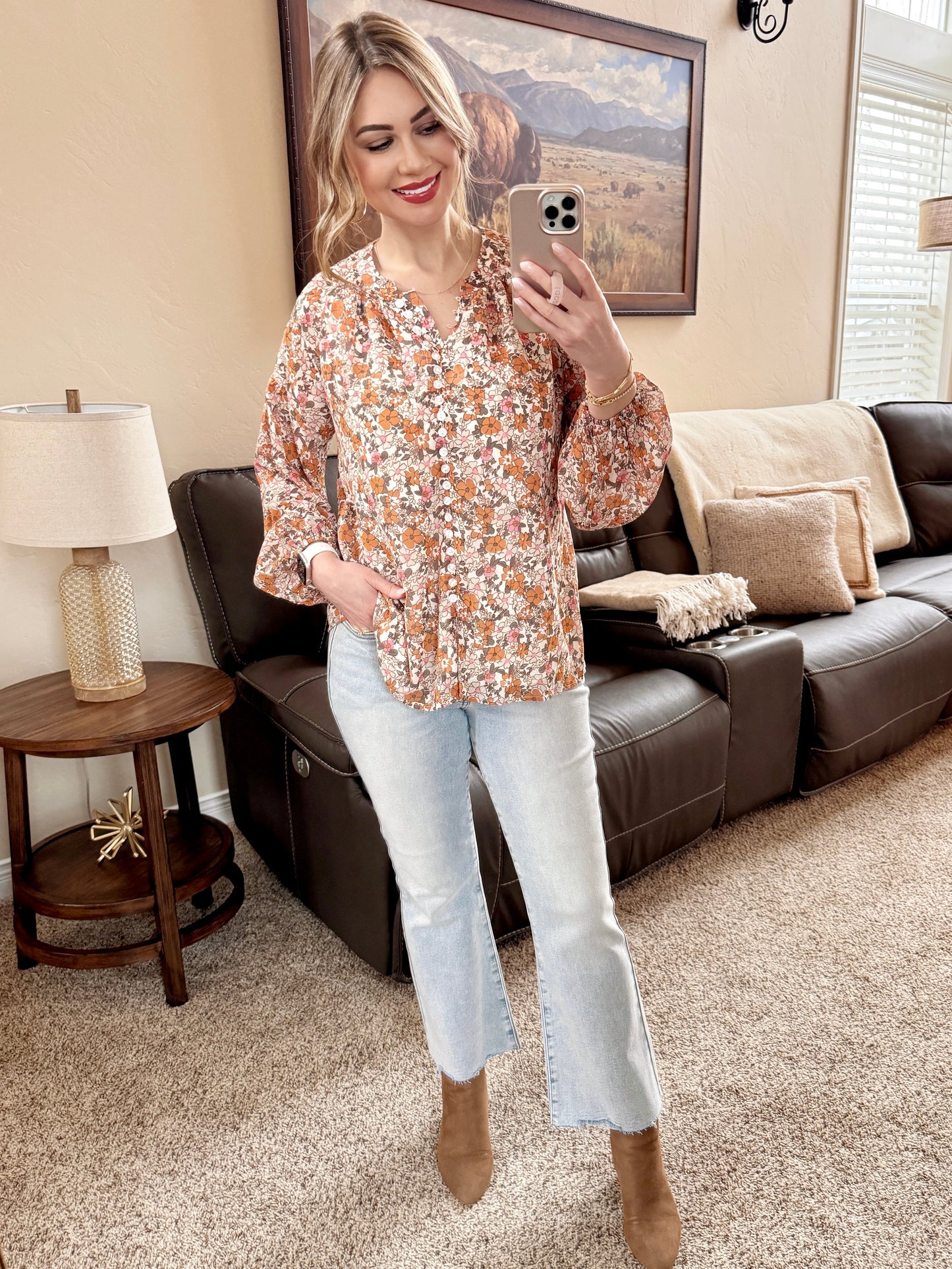 Pink & Orange Floral Button Down Blouse
