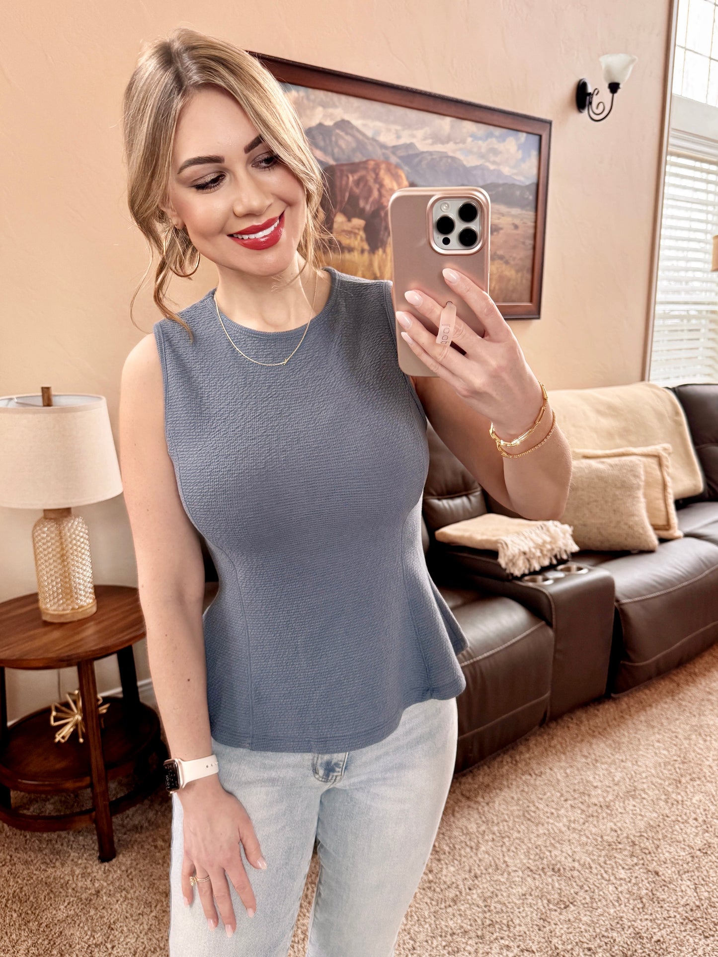 Sleeveless Peplum Knit Top In Denim