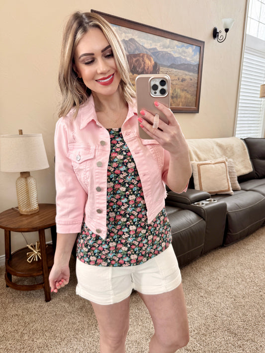 Risen Cropped Jean Jacket in Soft Pink