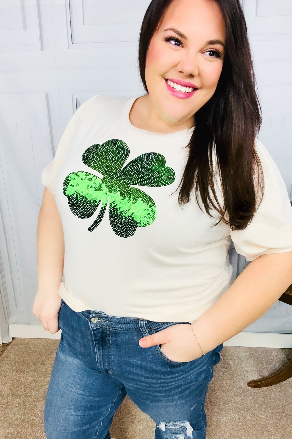 Saint Paddy Sequin Clover French Terry Puff Sleeve Top