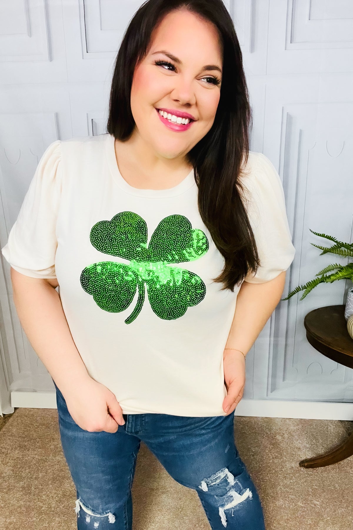 Saint Paddy Sequin Clover French Terry Puff Sleeve Top