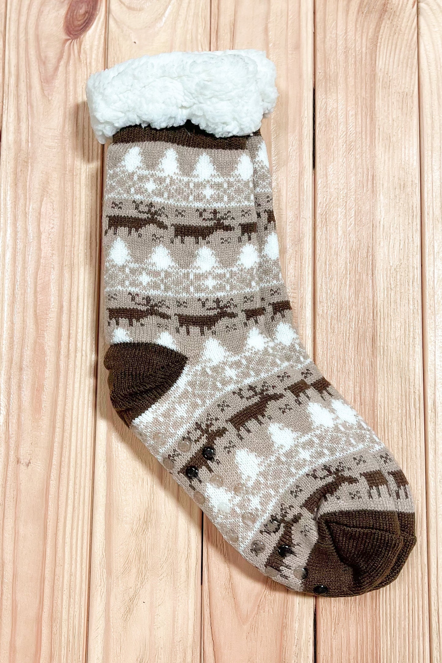 Brown Reindeer Sherpa Traction Bottom Slipper Socks