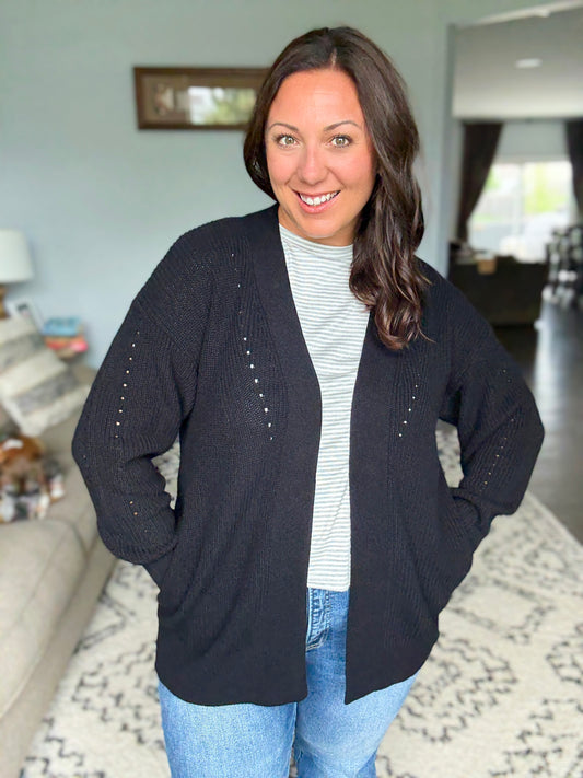 Zenana Eyelet Open Sweater Cardigan in Black
