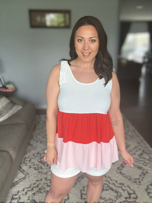 Lime 'N' Chili Color Block Sleeveless Tie Shoulder Babydoll Top in Coral Combo