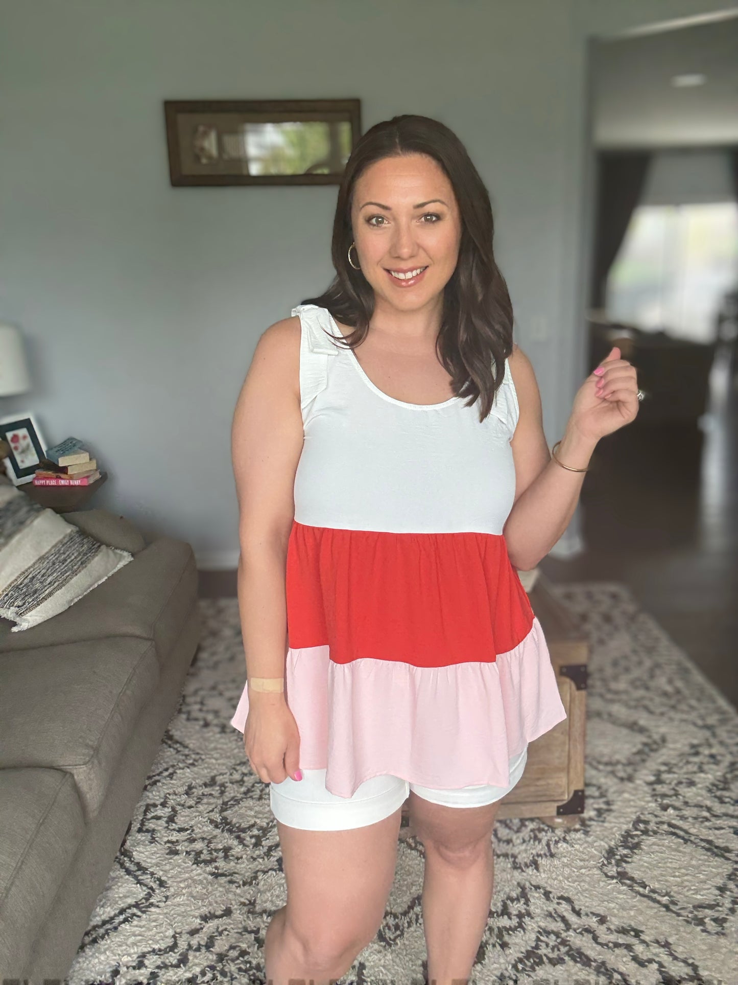 Lime 'N' Chili Color Block Sleeveless Tie Shoulder Babydoll Top in Coral Combo