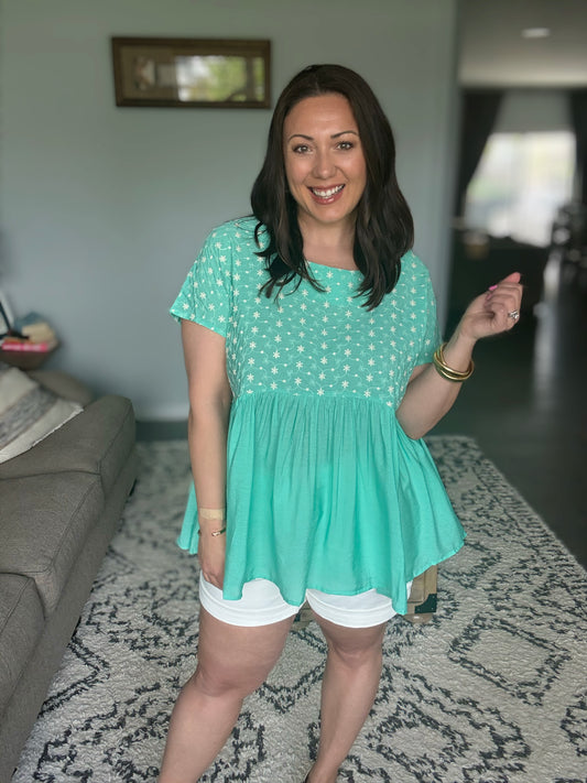 Lime 'N' Chili Embroidered Short Sleeve Babydoll Top in Mint - Full Size