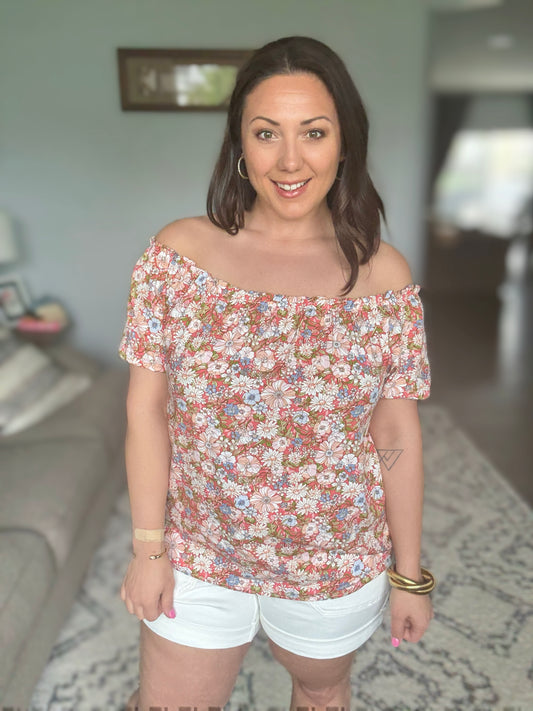 Lime 'N' Chili Floral Print Short Sleeve Off-The-Shoulder Blouse in Coral