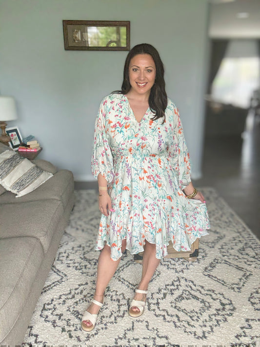 Lime 'N' Chili Watercolor Floral Cinched Waist Balloon Sleeve V-Neck Dress