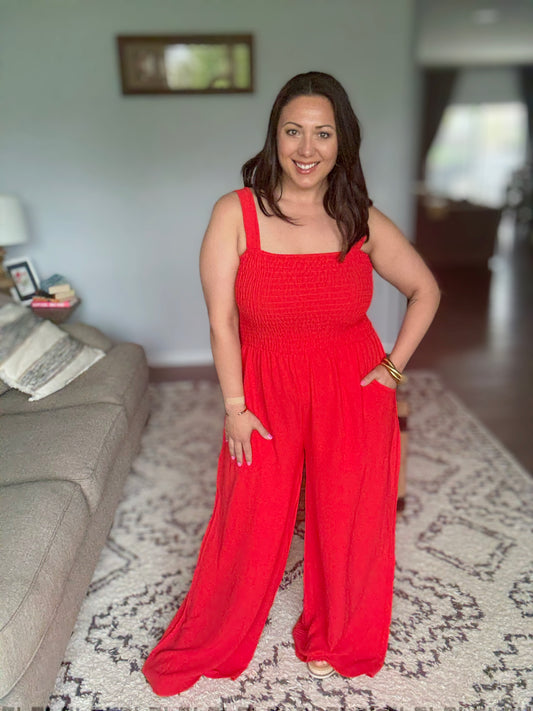 ADORA Smocking Top Wide Leg Jumpsuit in Poppy Red - Full Size
