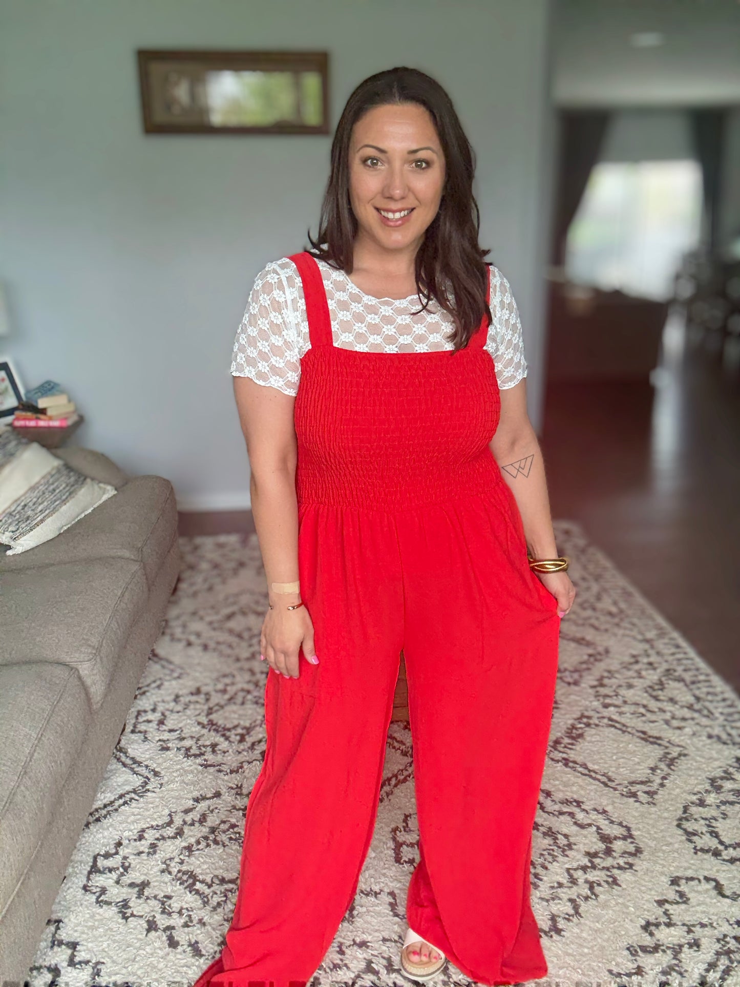 ADORA Smocking Top Wide Leg Jumpsuit in Poppy Red - Full Size