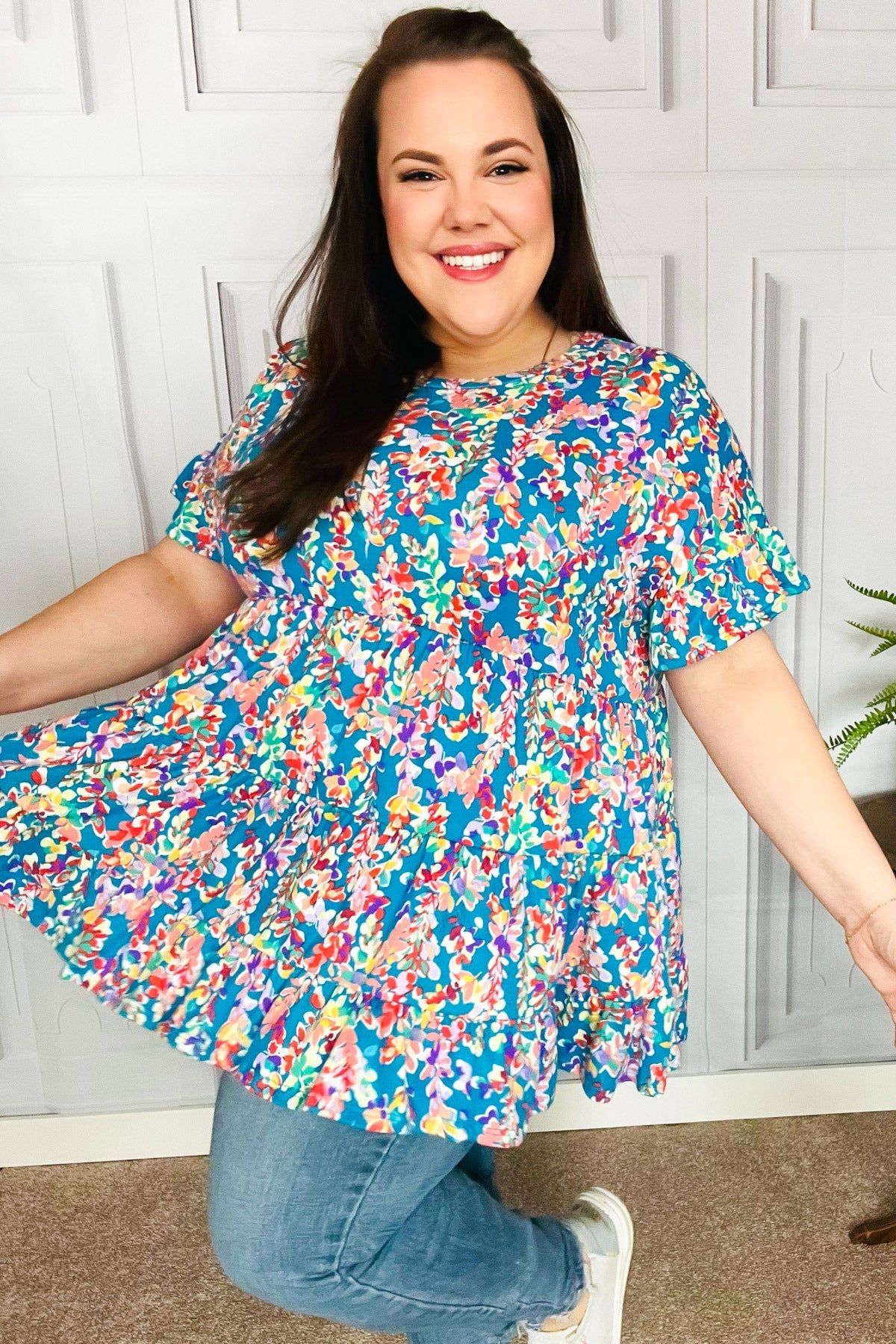 Blue Floral Ruffle Hem Tiered Top