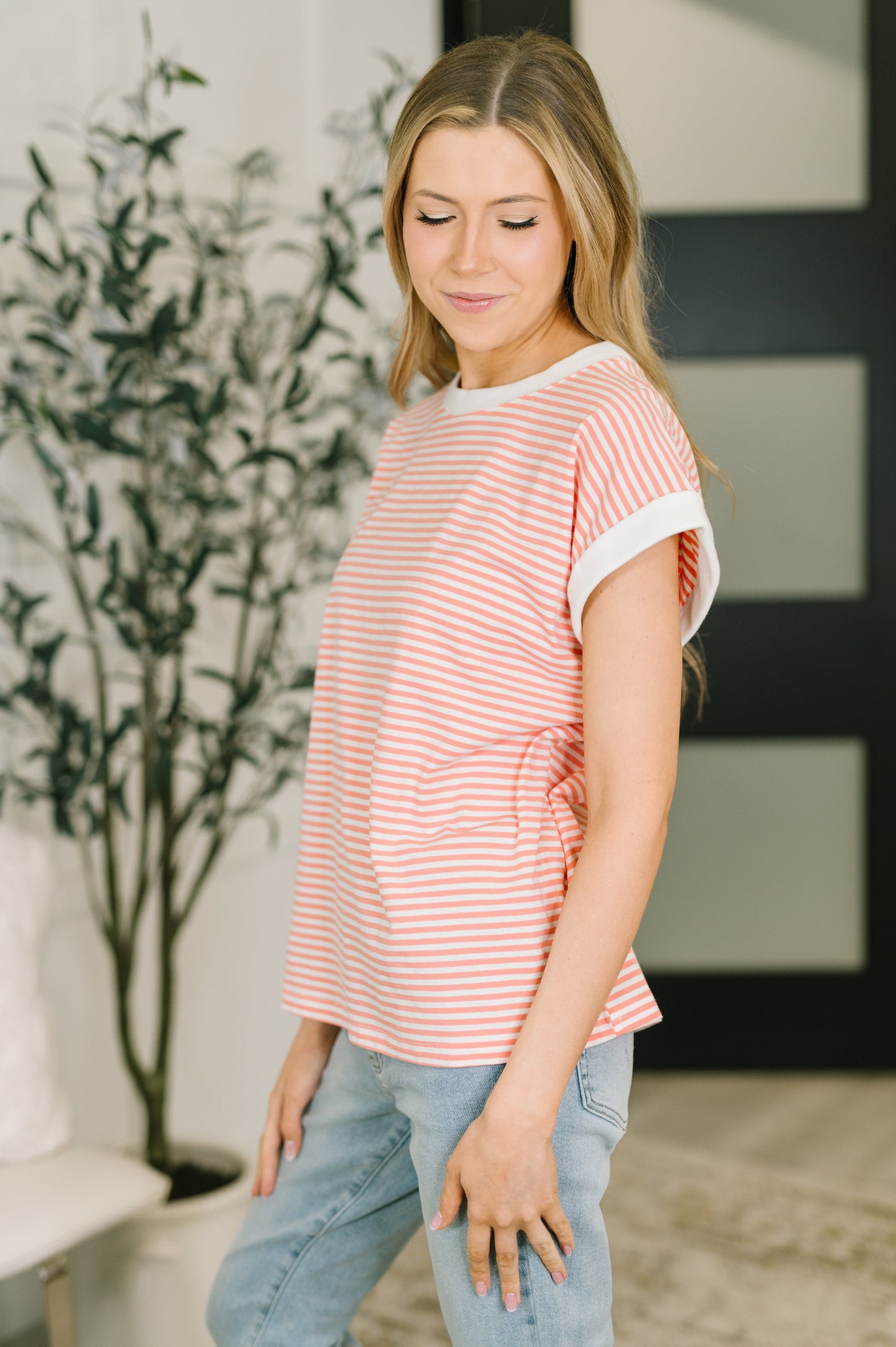 Zenana Full Size Contrast Trim Cap Sleeve Stripe Tee in Coral