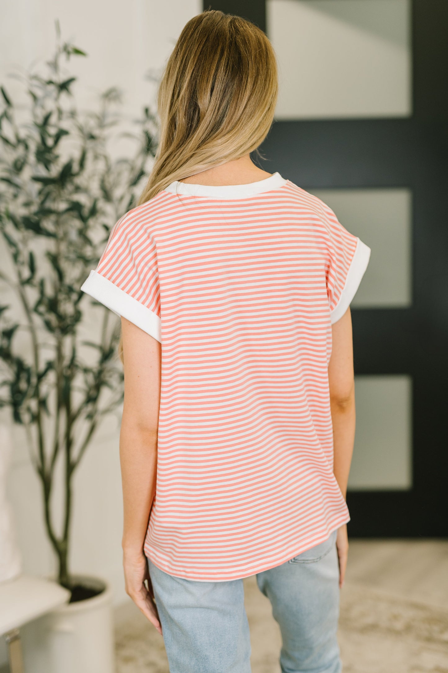 Zenana Full Size Contrast Trim Cap Sleeve Stripe Tee in Coral