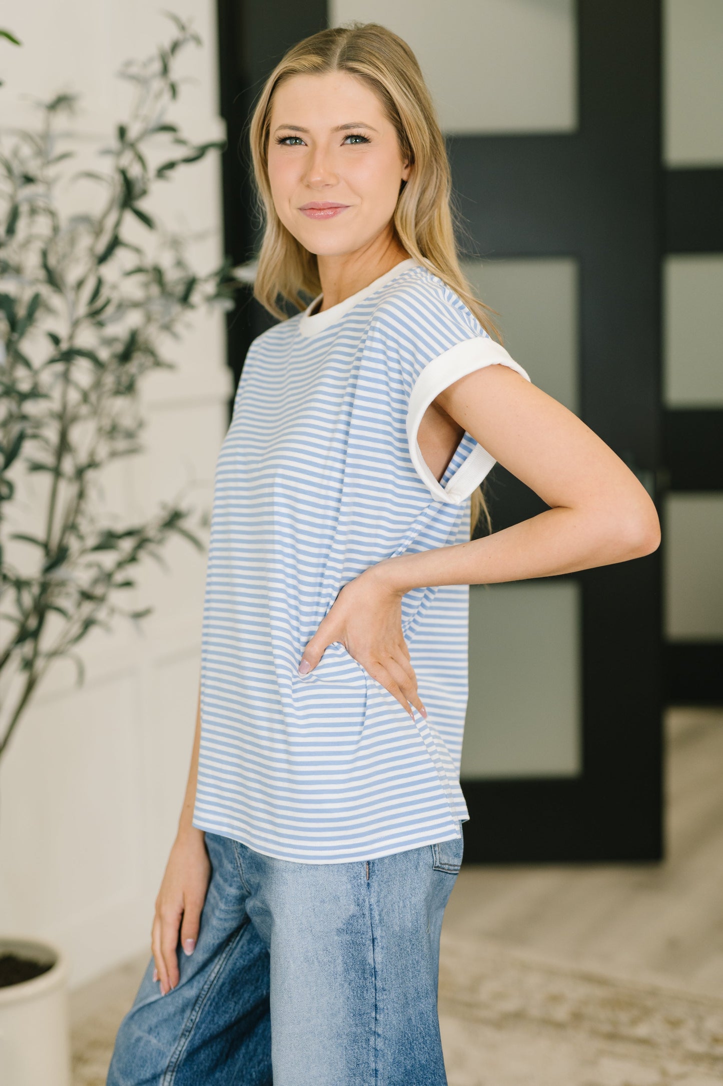 Zenana Contrast Trim Cap Sleeve Stripe Tee in Cornflower Blue