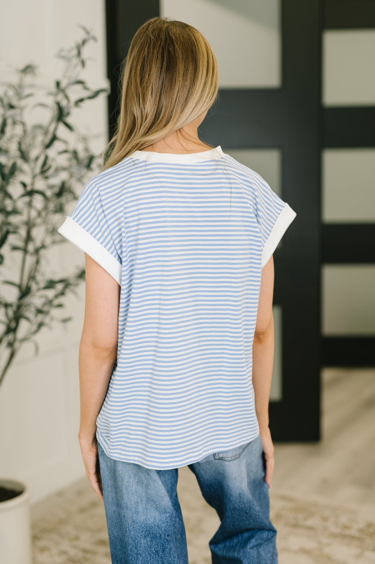 Zenana Contrast Trim Cap Sleeve Stripe Tee in Cornflower Blue
