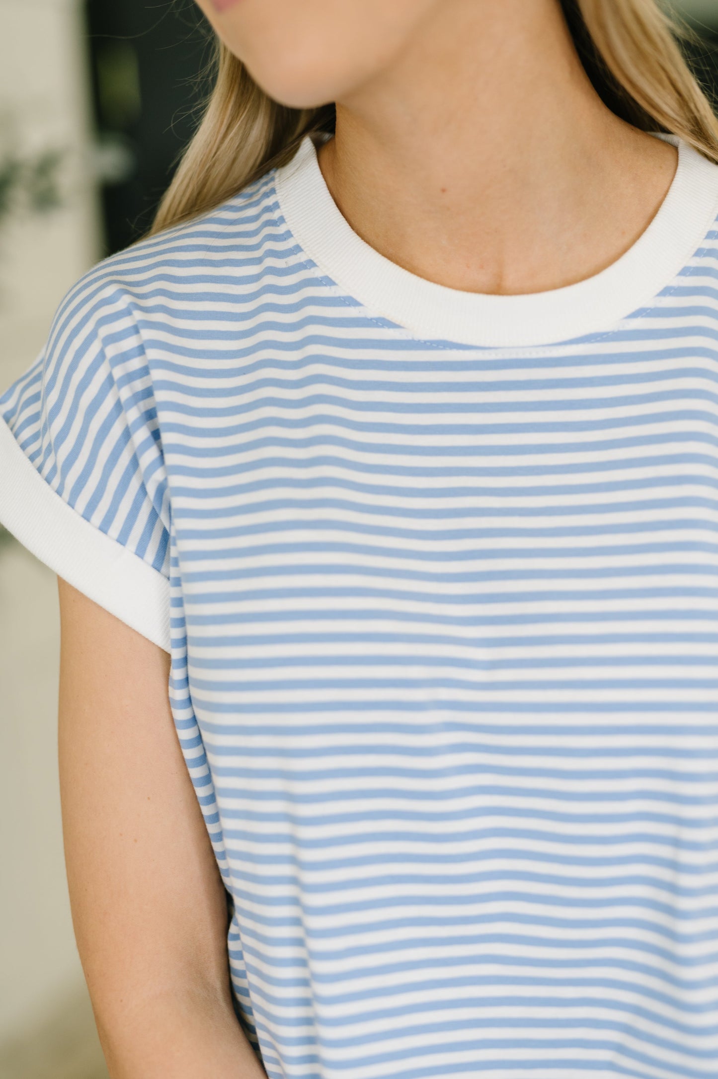 Zenana Contrast Trim Cap Sleeve Stripe Tee in Cornflower Blue