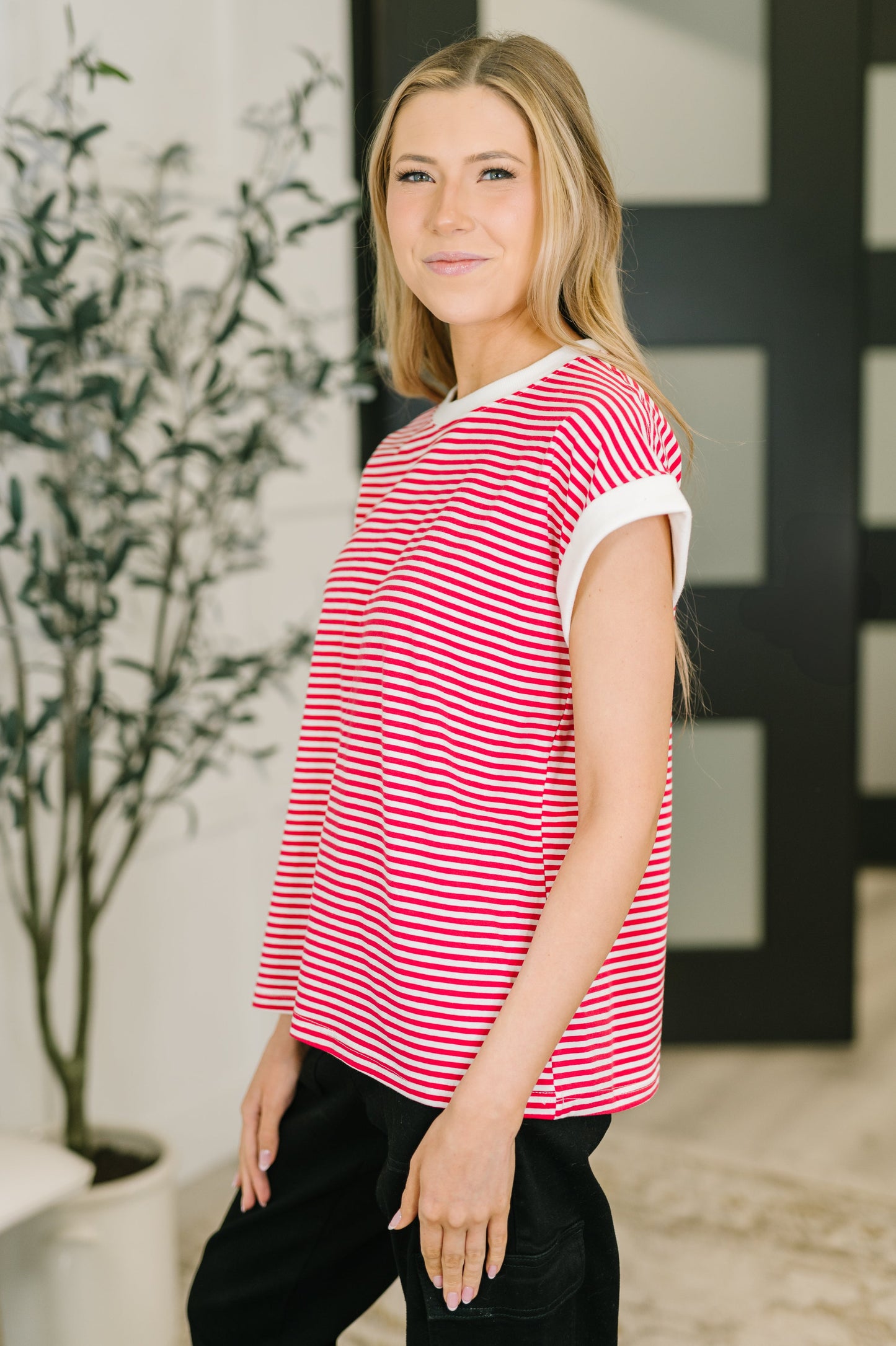 Zenana Full Size Contrast Trim Cap Sleeve Stripe Tee in Ruby