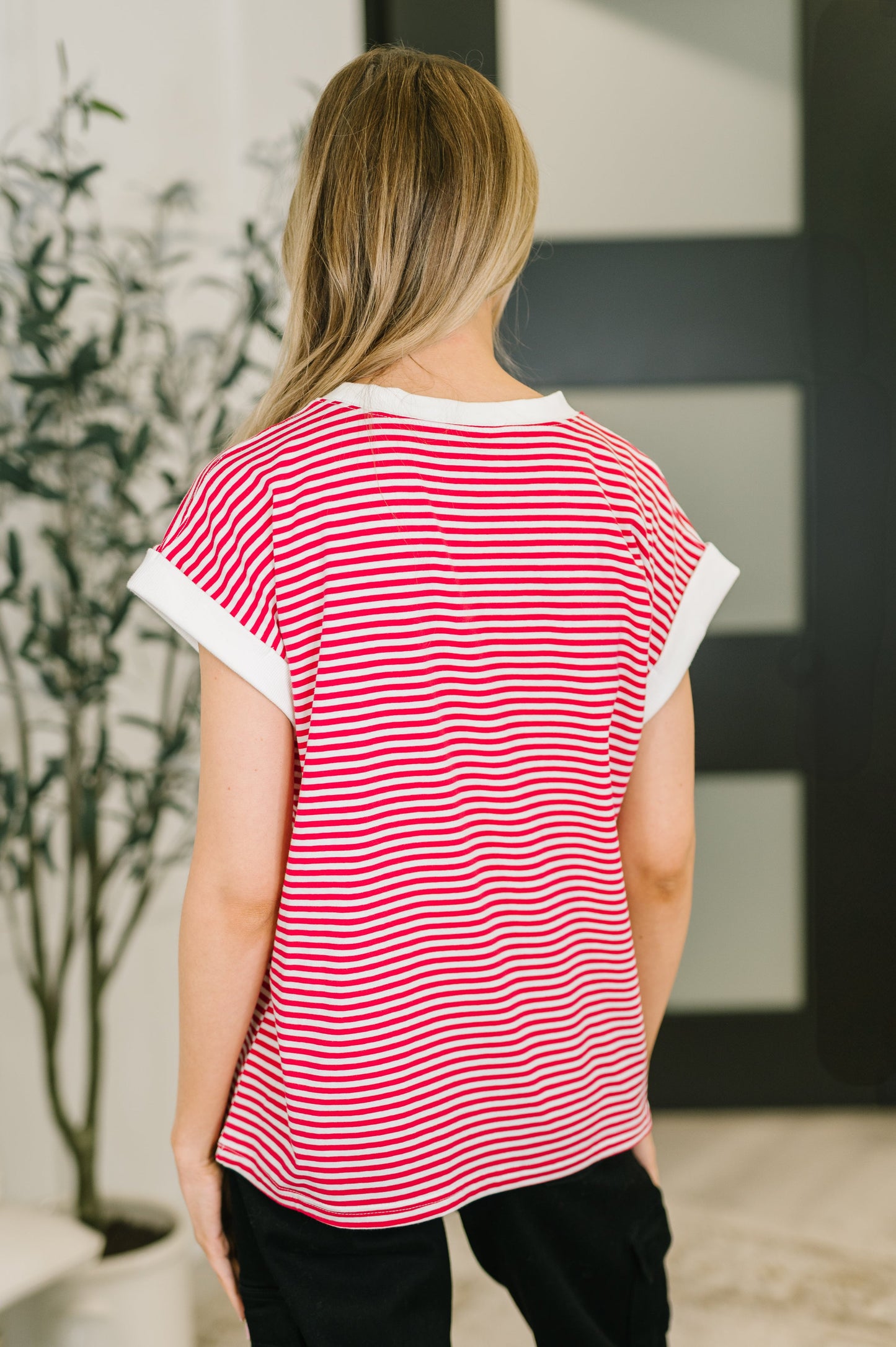 Zenana Full Size Contrast Trim Cap Sleeve Stripe Tee in Ruby