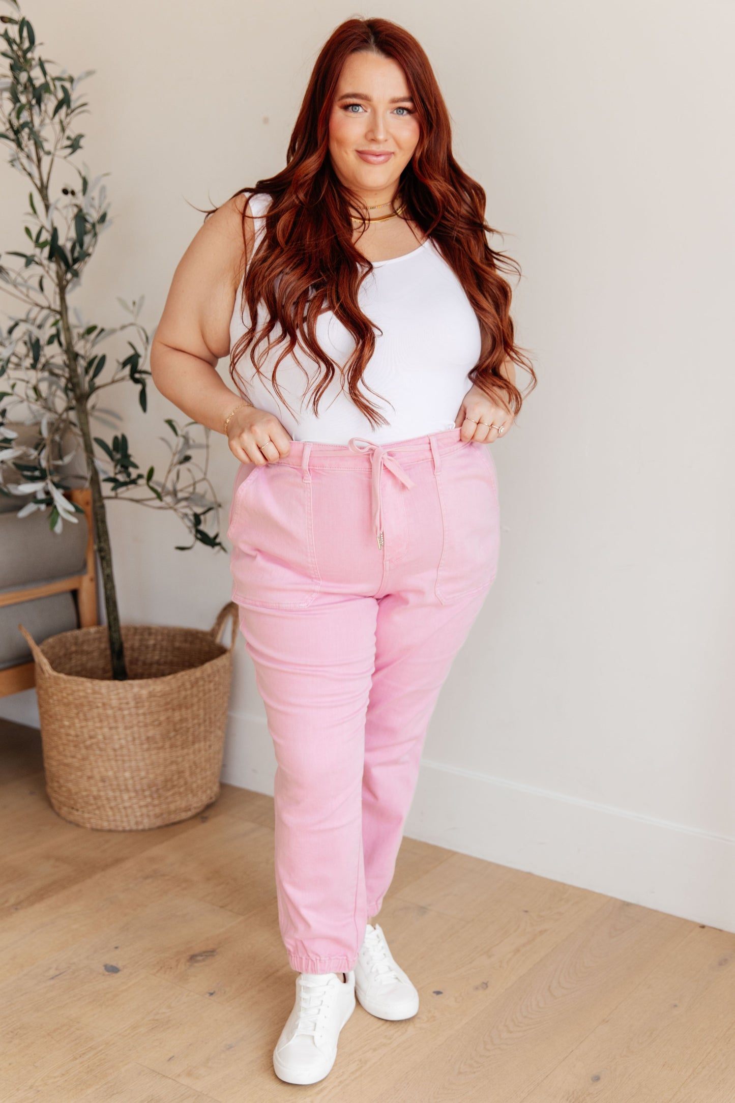 Regina High Rise Garment Dyed Pink Denim Jogger