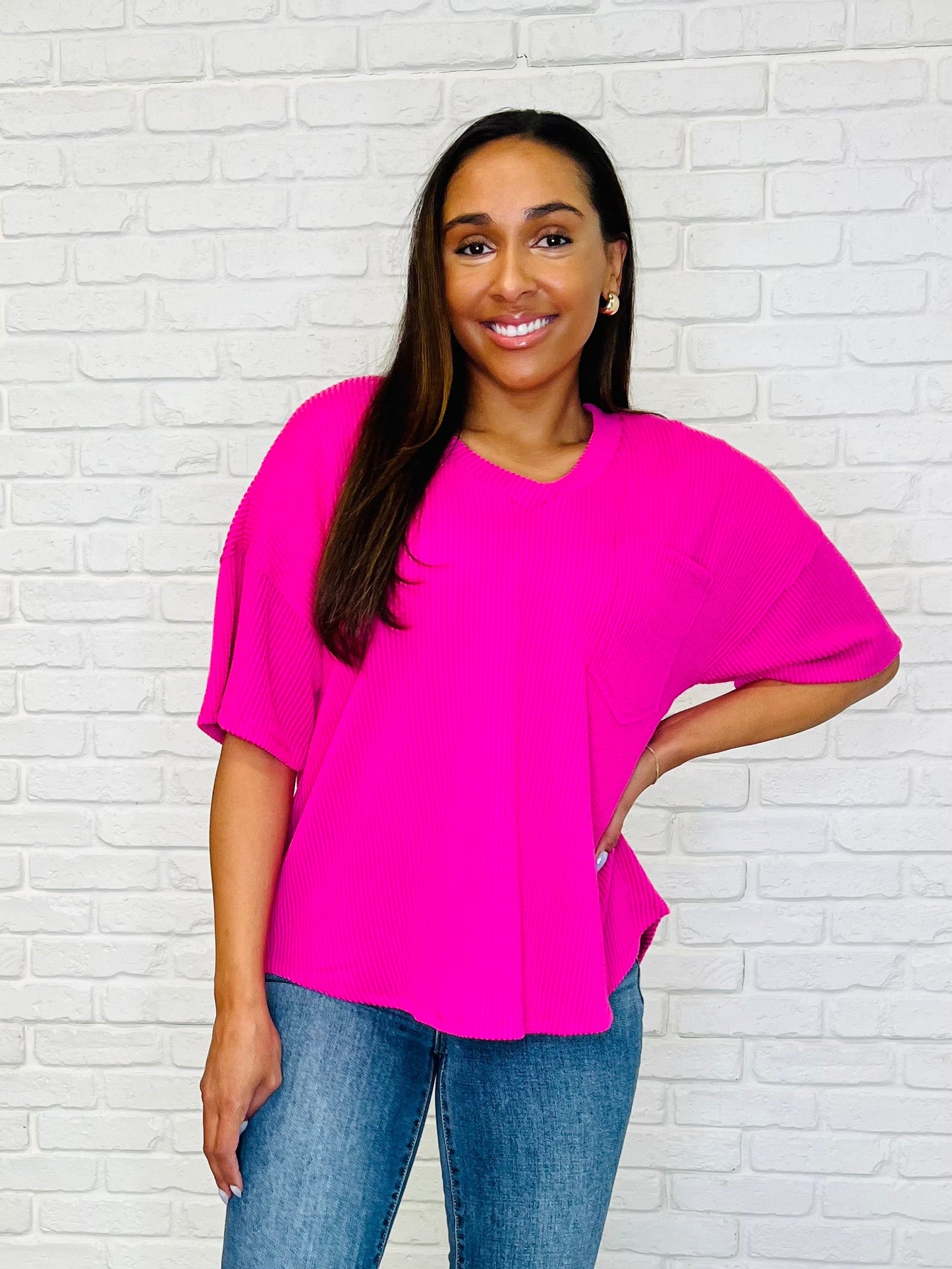 Just a Casual Girly V-Neck Basic Tee in Fuchsia