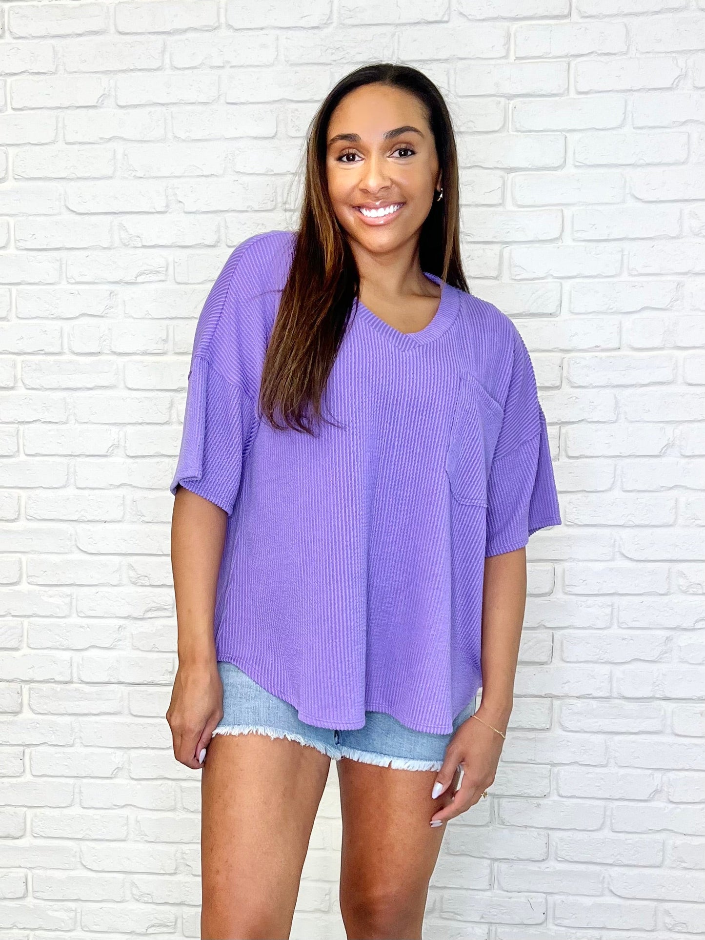 Just a Casual Girly V-Neck Basic Tee in Tropical Violet