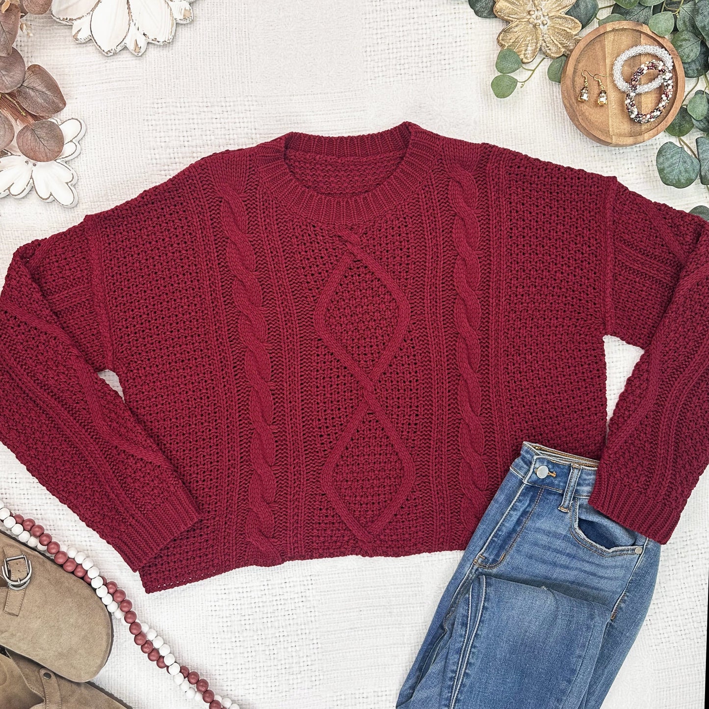 Michelle Mae Cable Knit Sweater - Cranberry