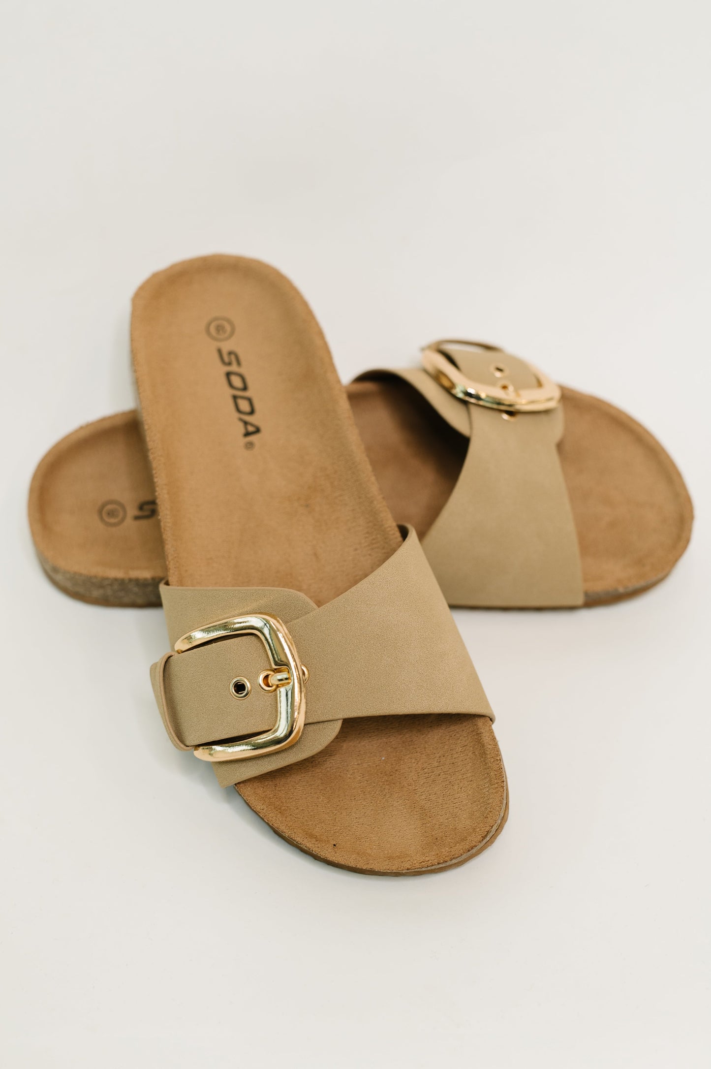 Missy Slip on Buckle Strap Sandal in Taupe