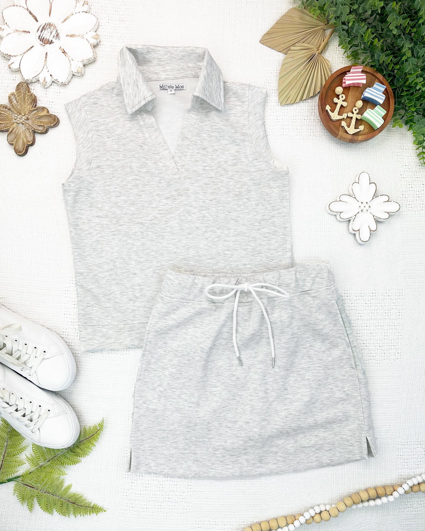 Michelle Mae Luxe Collar Tank/Skort Set - Heathered Neutral
