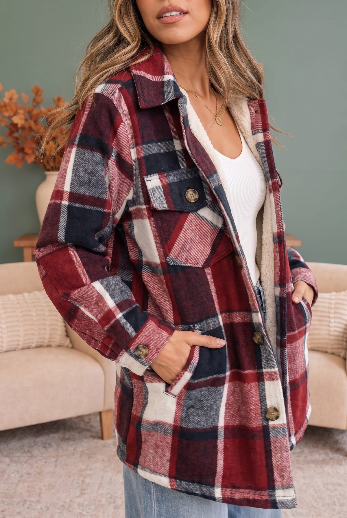 Cozy Cabin Vibes Plaid Sherpa Shacket in Navy and Wine