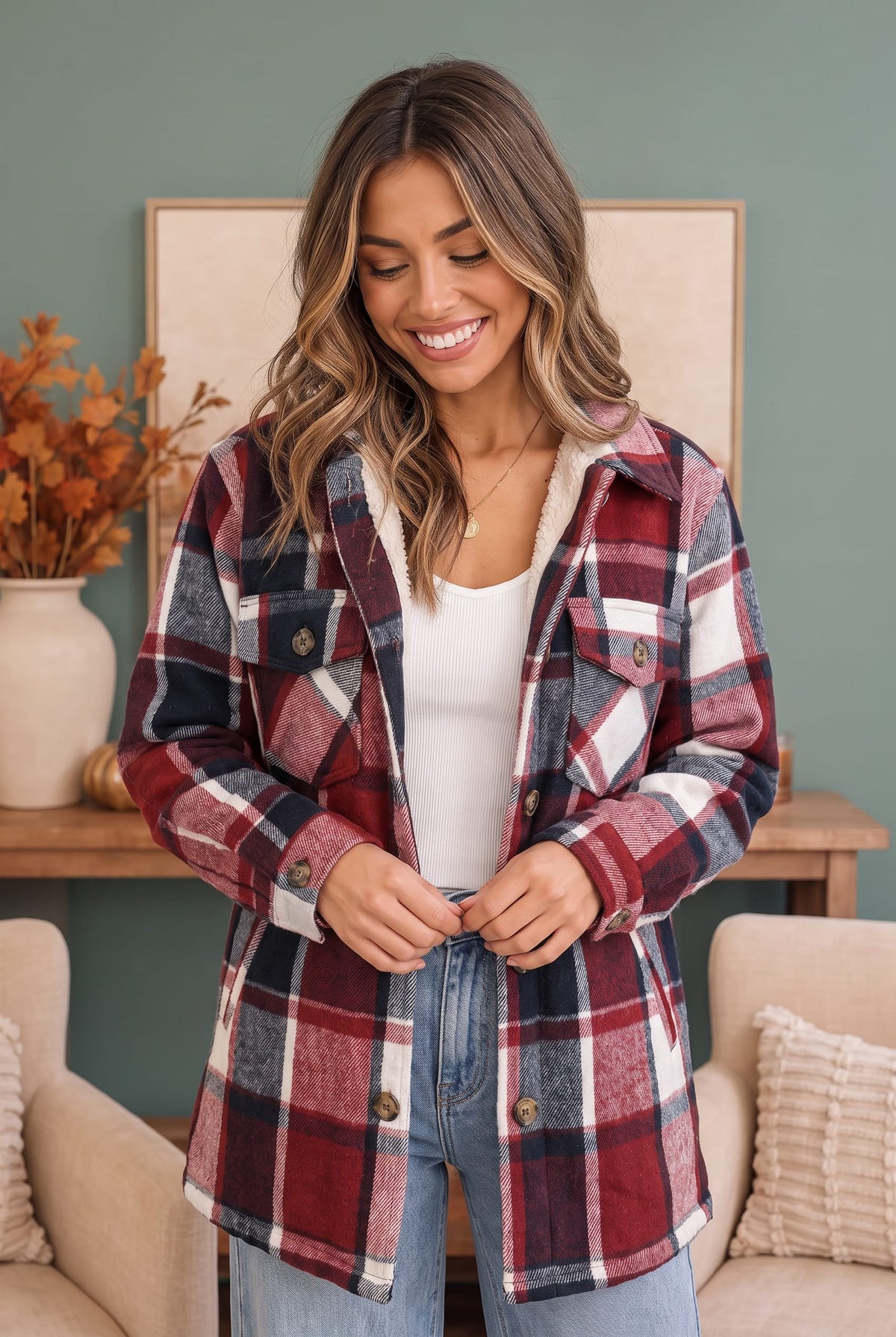 Cozy Cabin Vibes Plaid Sherpa Shacket in Navy and Wine