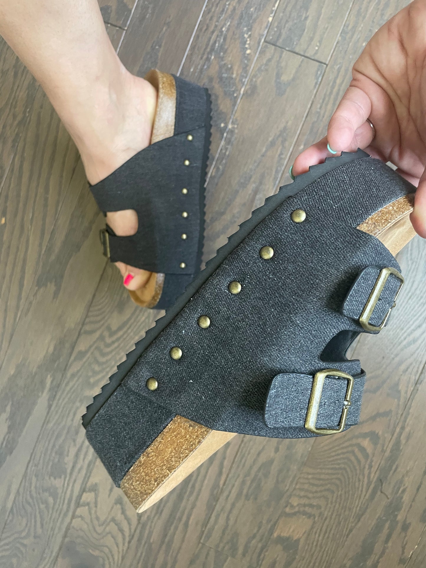 Corky's Wannabe Platform Sandals in Black Denim