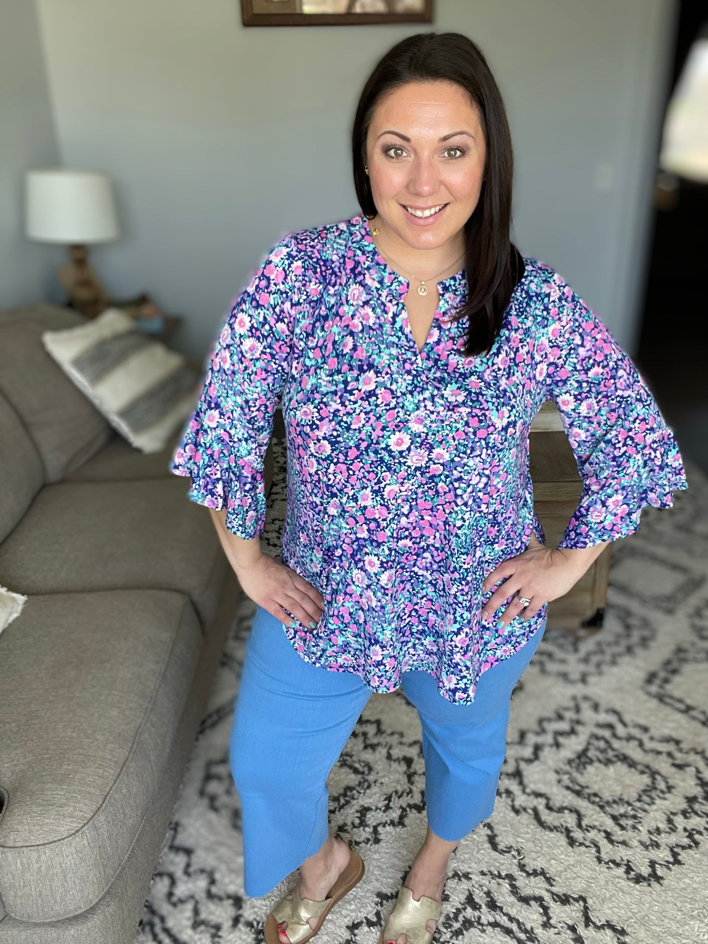 Lizzy Bell Sleeve Top in Navy and Pink Floral