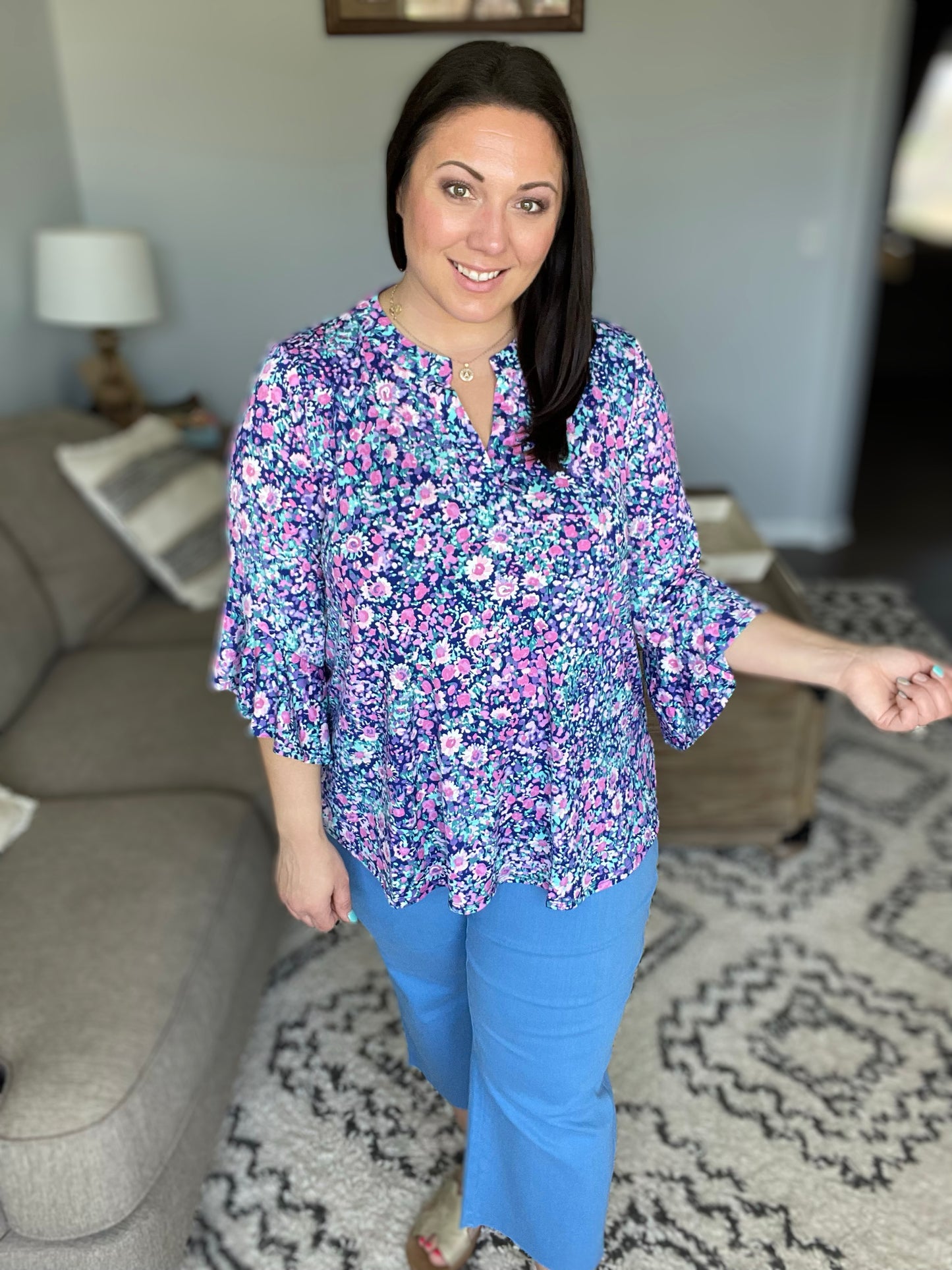 Lizzy Bell Sleeve Top in Navy and Pink Floral