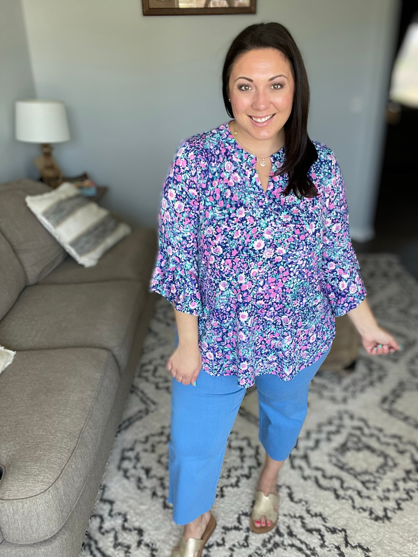 Lizzy Bell Sleeve Top in Navy and Pink Floral