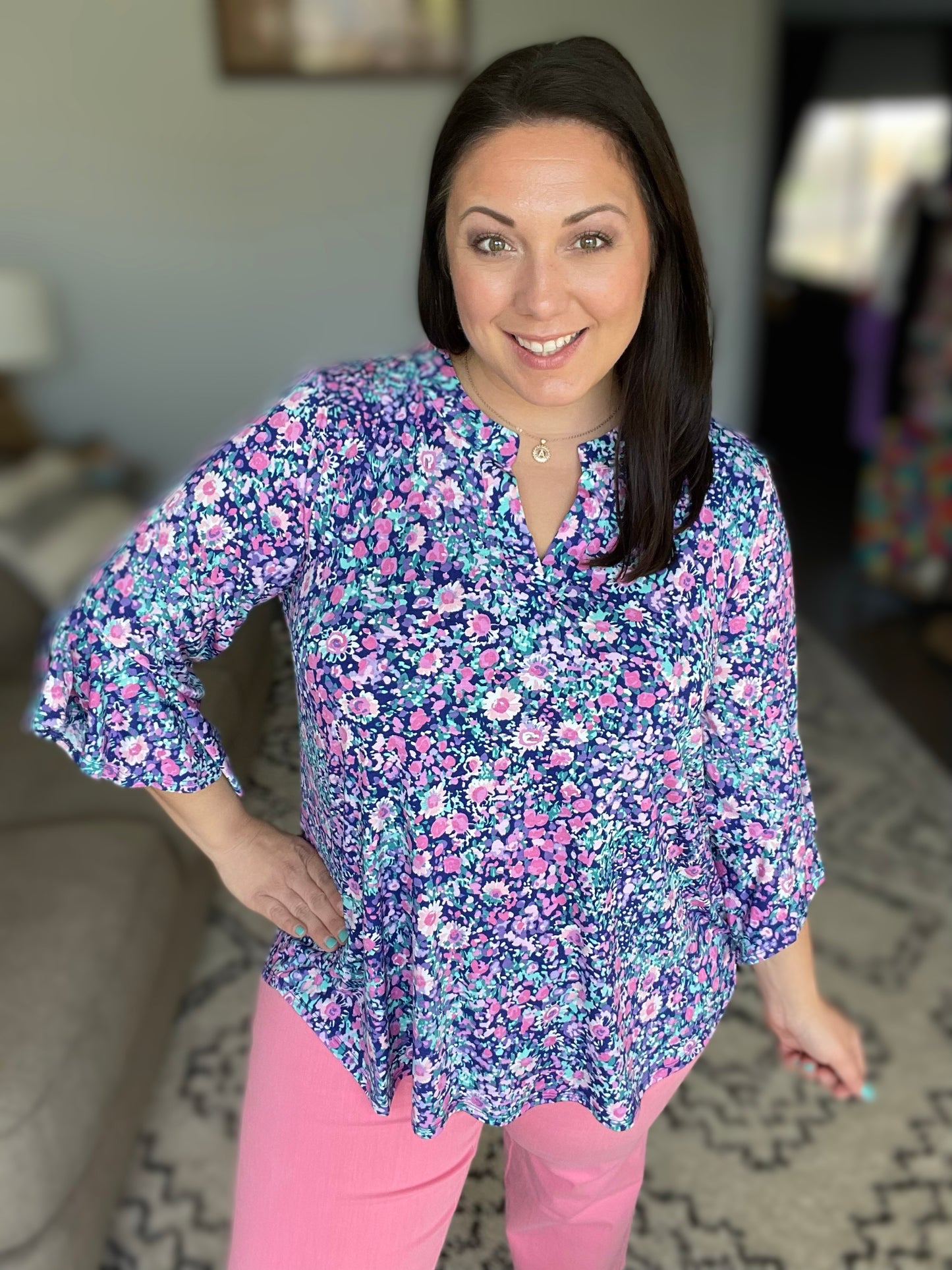 Lizzy Bell Sleeve Top in Navy and Pink Floral