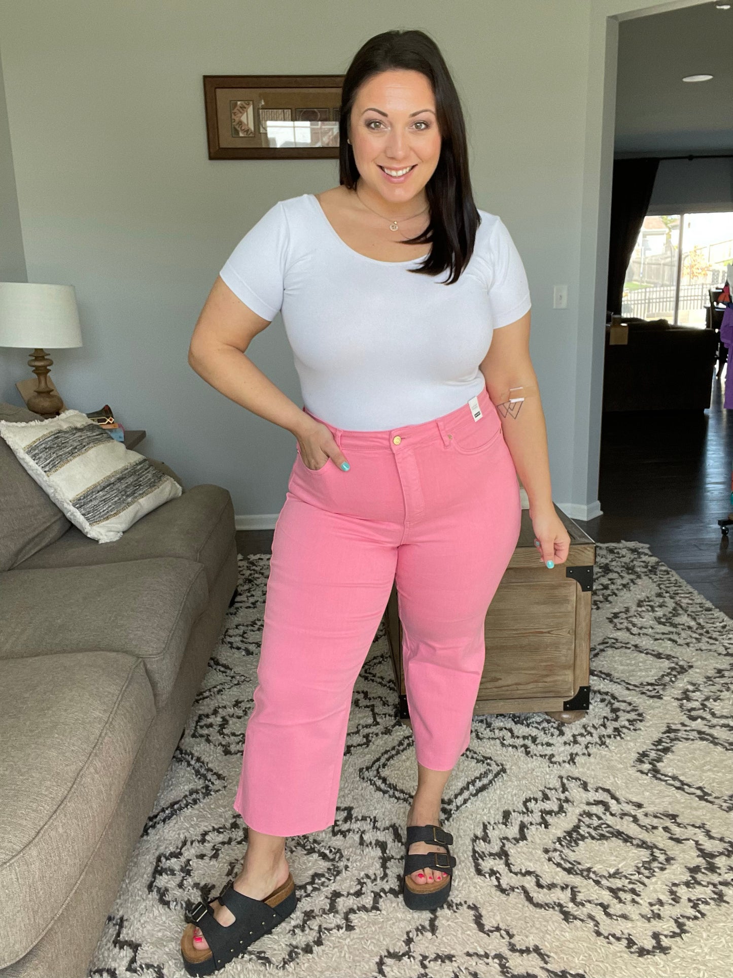 Lisa High Rise Control Top Wide Leg Crop Jeans in Pink