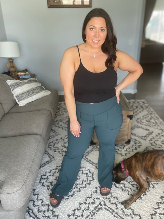 Work it All Out Crossover Flare Leggings in Midnight Green