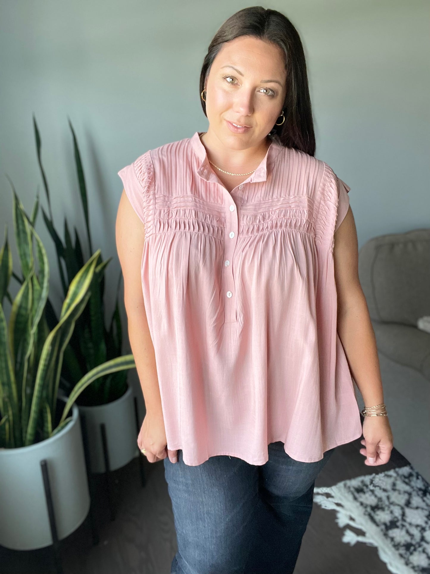 Pleat Detail Button Up Blouse in Pink