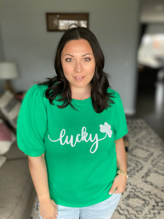 Lucky Lady Shamrock Green Sequin Puff Sleeve Knit Top